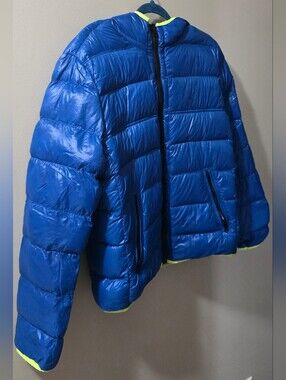 American Eagle Outfitters Blue Puffer Jacket with Neon Yellow Trim